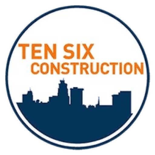 Logo of Ten Six Construction with a city skyline silhouette in blue against a white circle. The text "TEN SIX CONSTRUCTION" is in orange above the skyline.